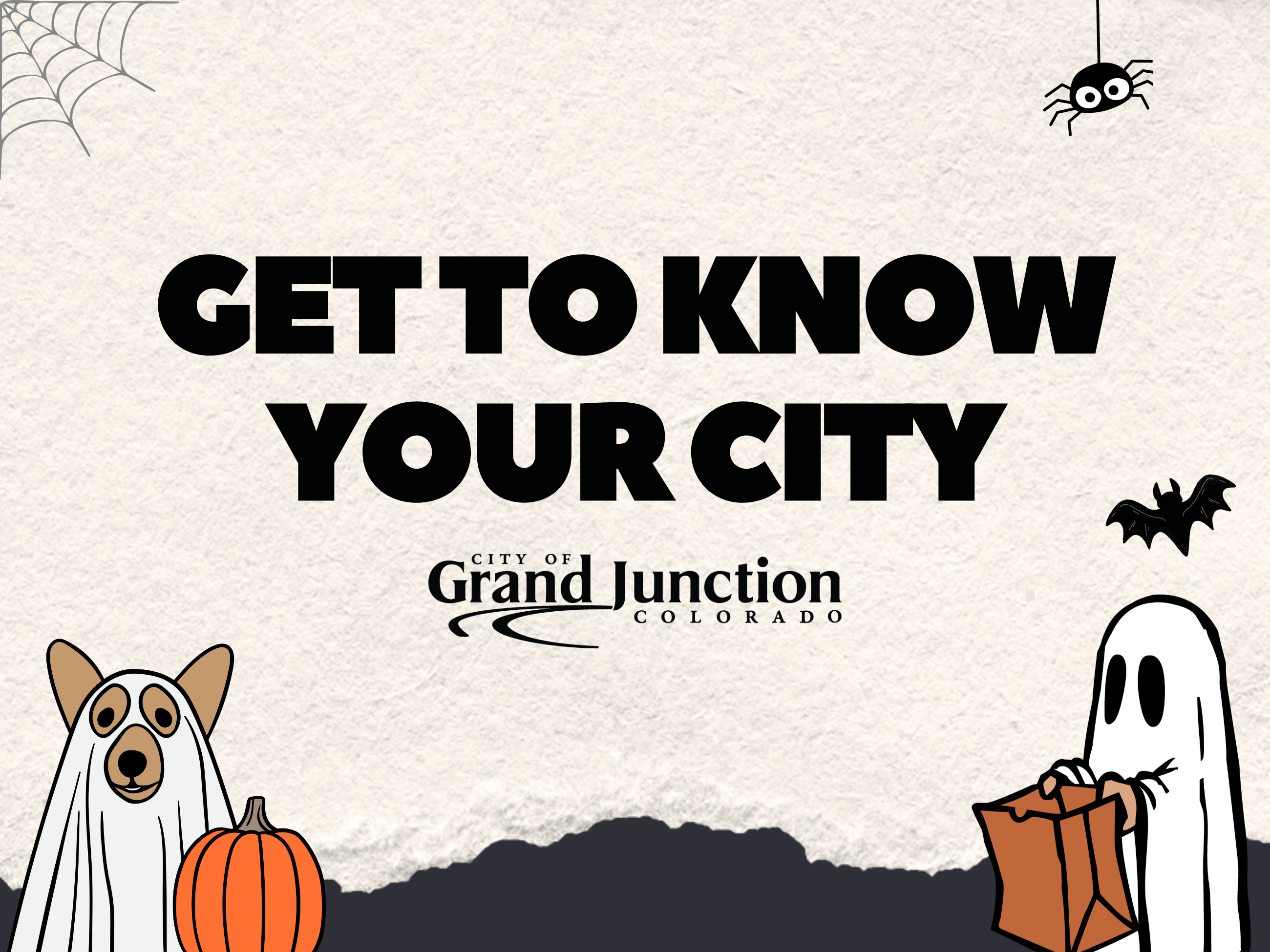 Halloween-themed back ground with ghost and dog. Text on graphic. 