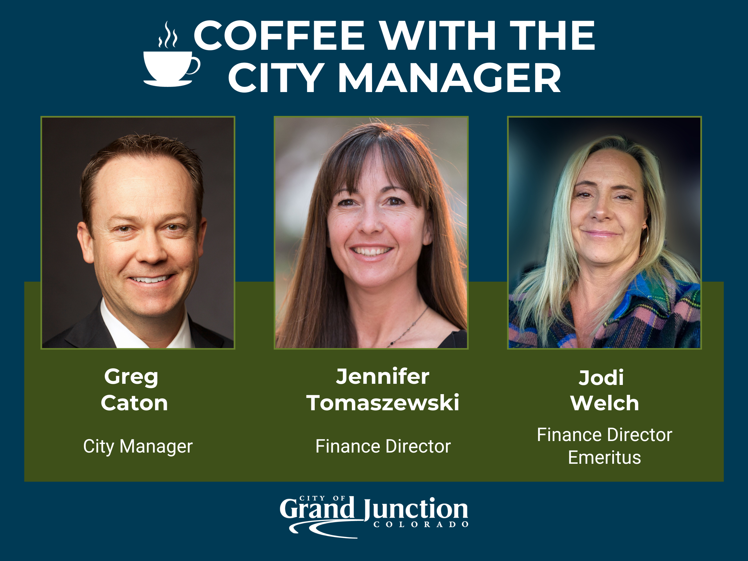 Three photos of City officials and text on graphic. 