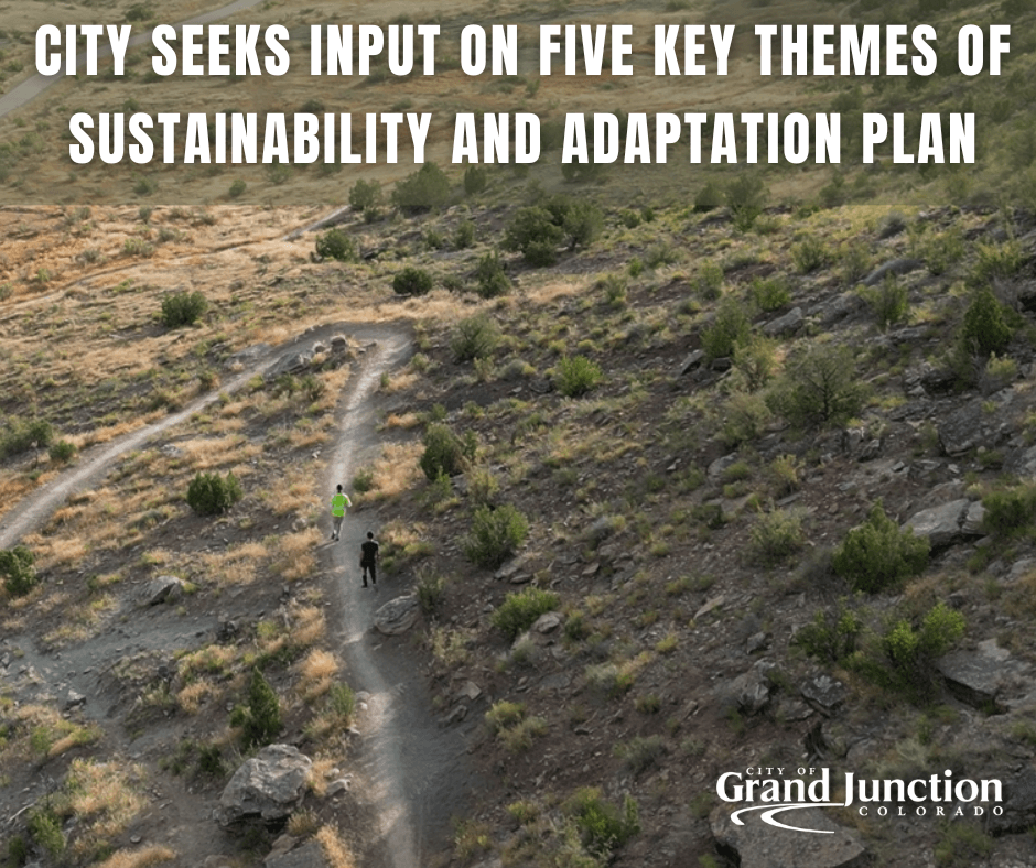 Hikers walking a path on a hill. Text on graphic.