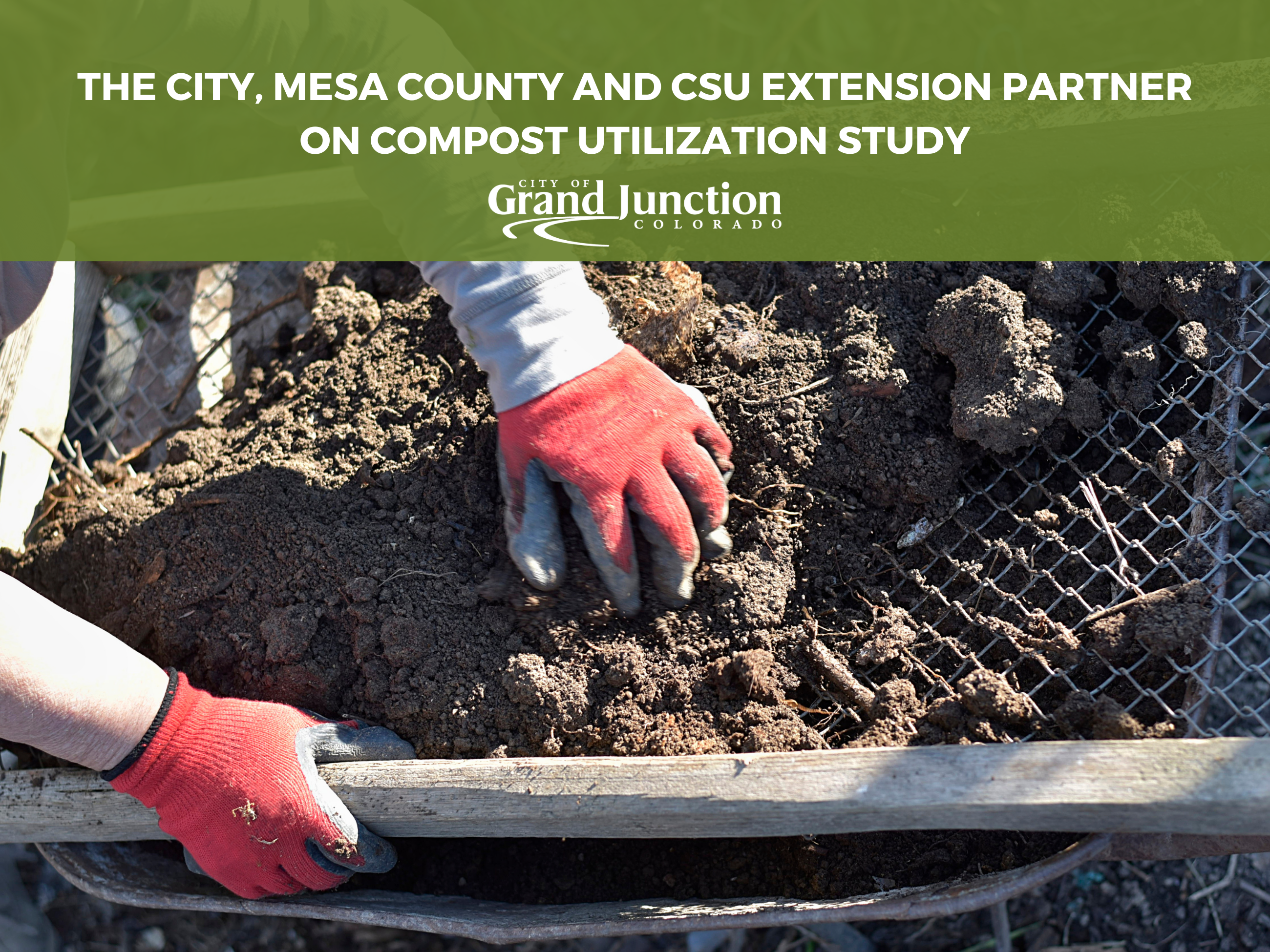 A person with gloves on sorting through compost in a garden. Text on graphic.