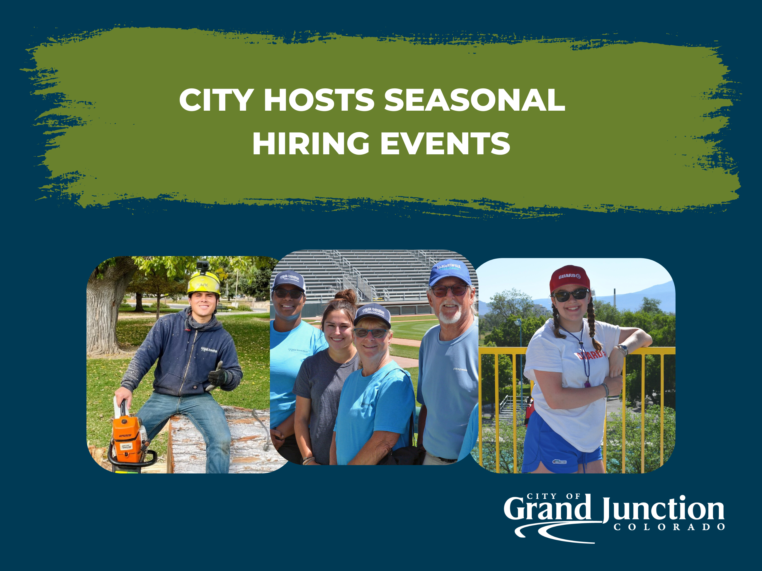 Three images of workers outside representing various jobs with the City. Text on graphic. 