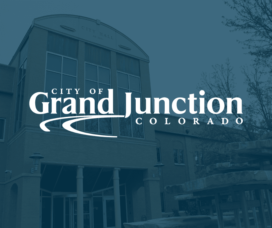 City Hall main building with a blue overlay and logo on graphic. 