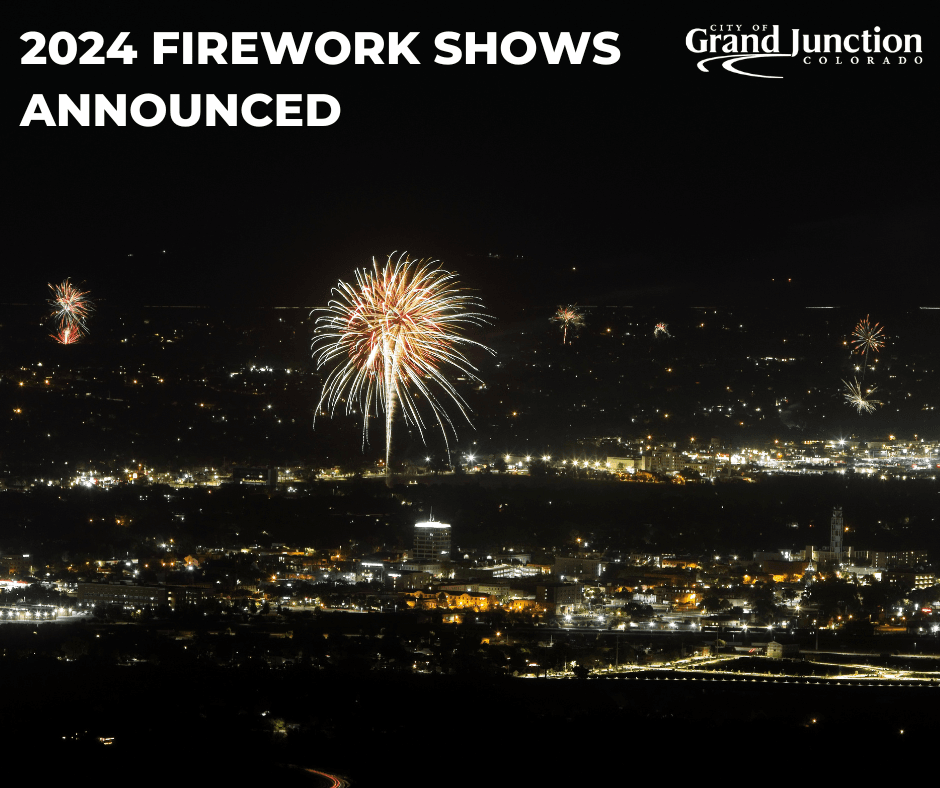 An ariel photo of fireworks in a city. Text on graphic. 