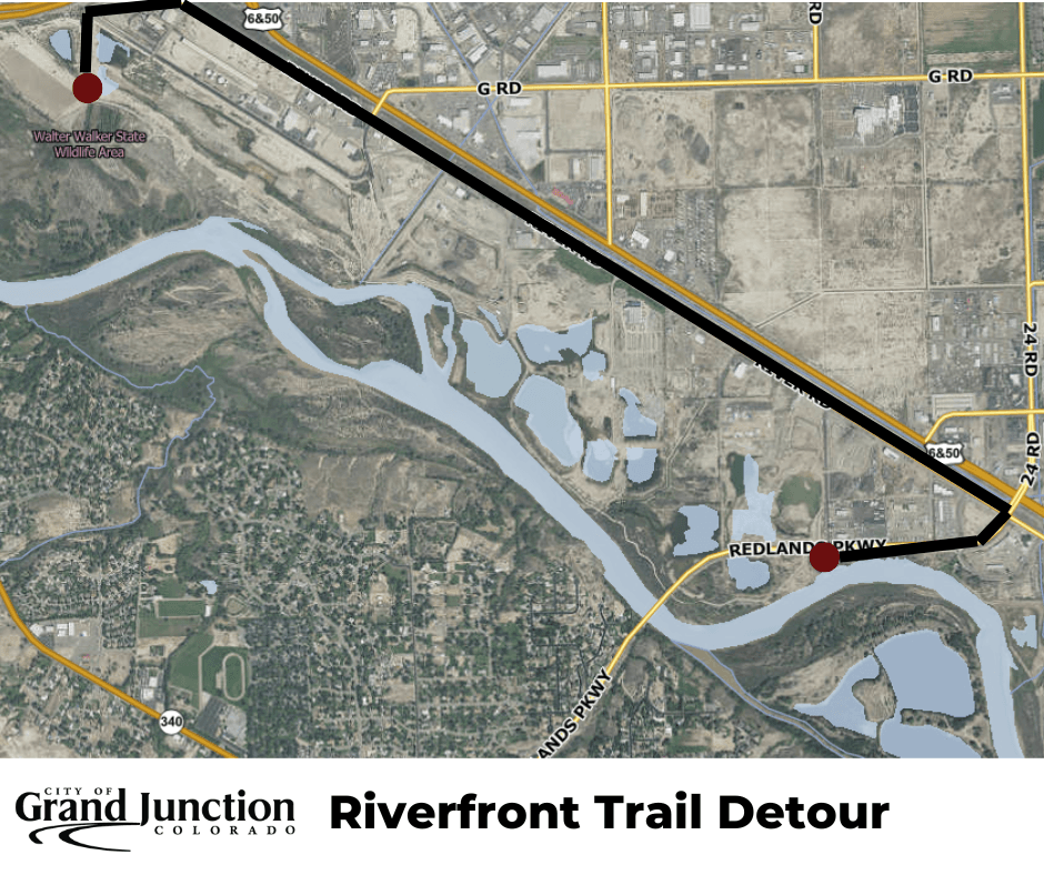 A map of a section of Grand Junction indicating a closure of a section of trail. 