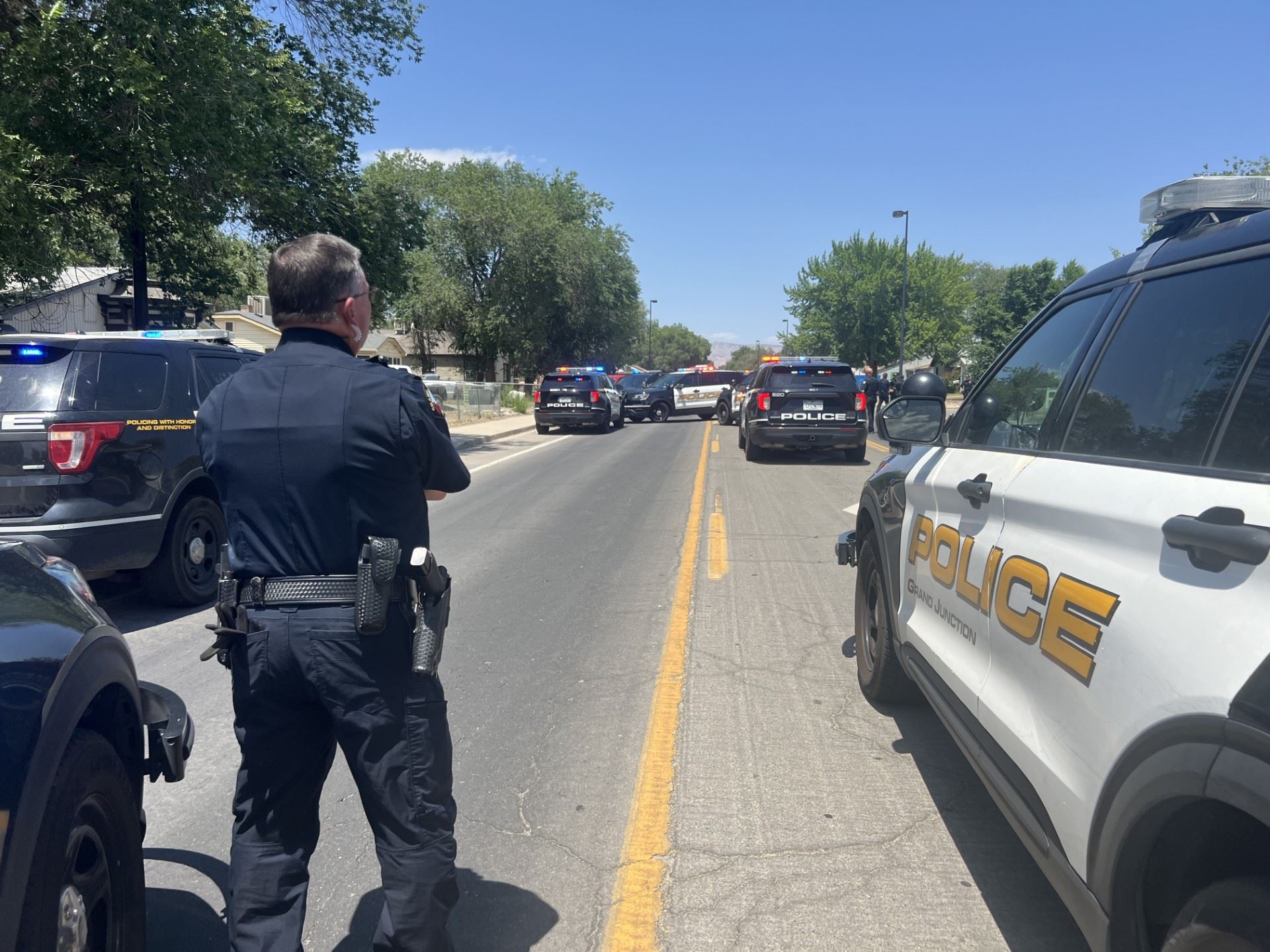 Back of an officer at a scene with multiple patrol cars in the background.