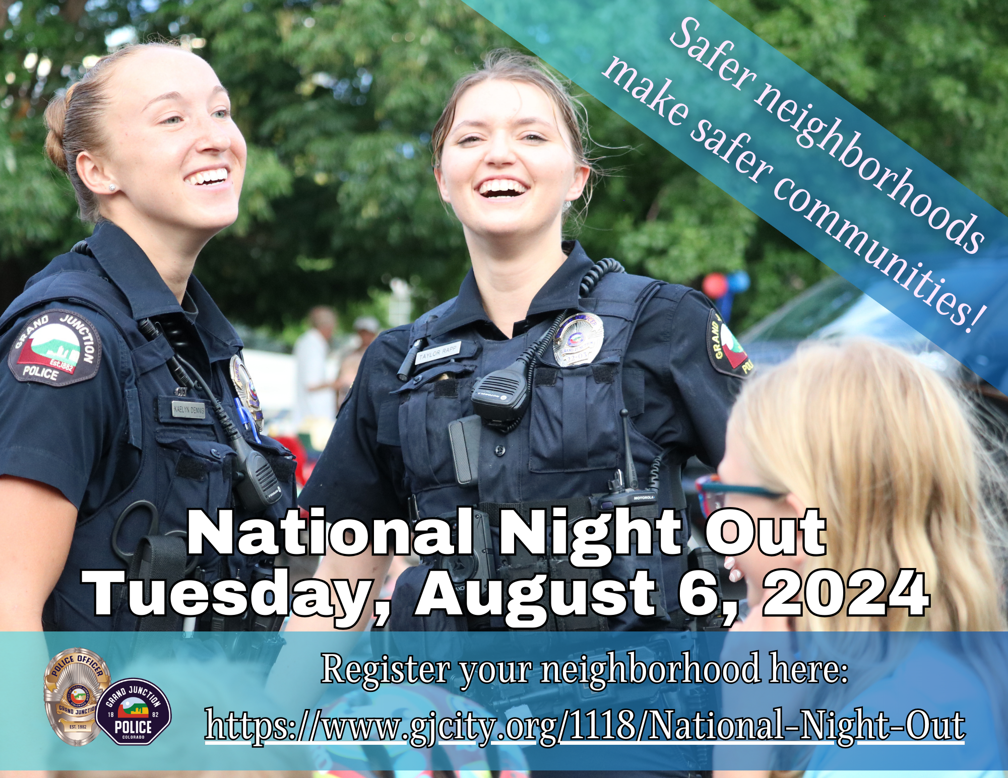 National Night Out graphic w/photo of two officers laughing with kids