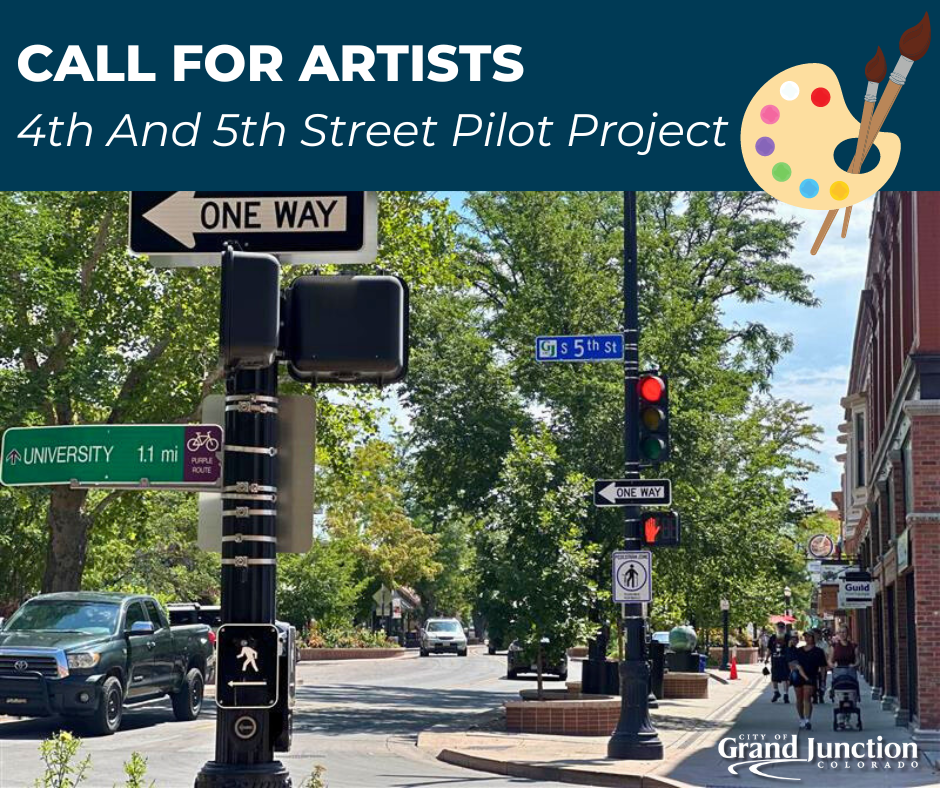 A stoplight at S. 5th St. with cars on the street. Text on the graphic. 