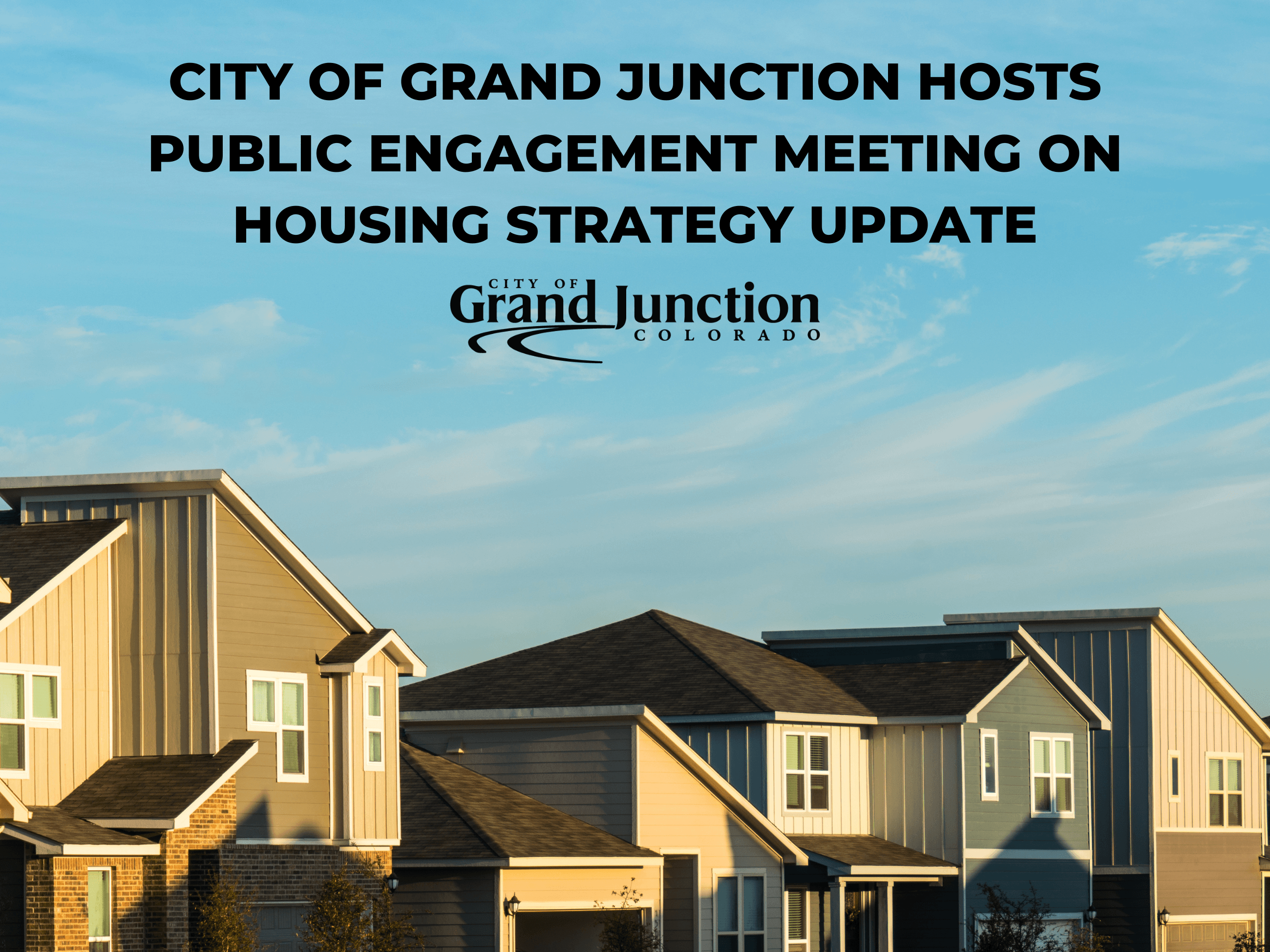 A group of tops of houses with a blue sky background. Text on graphic. 