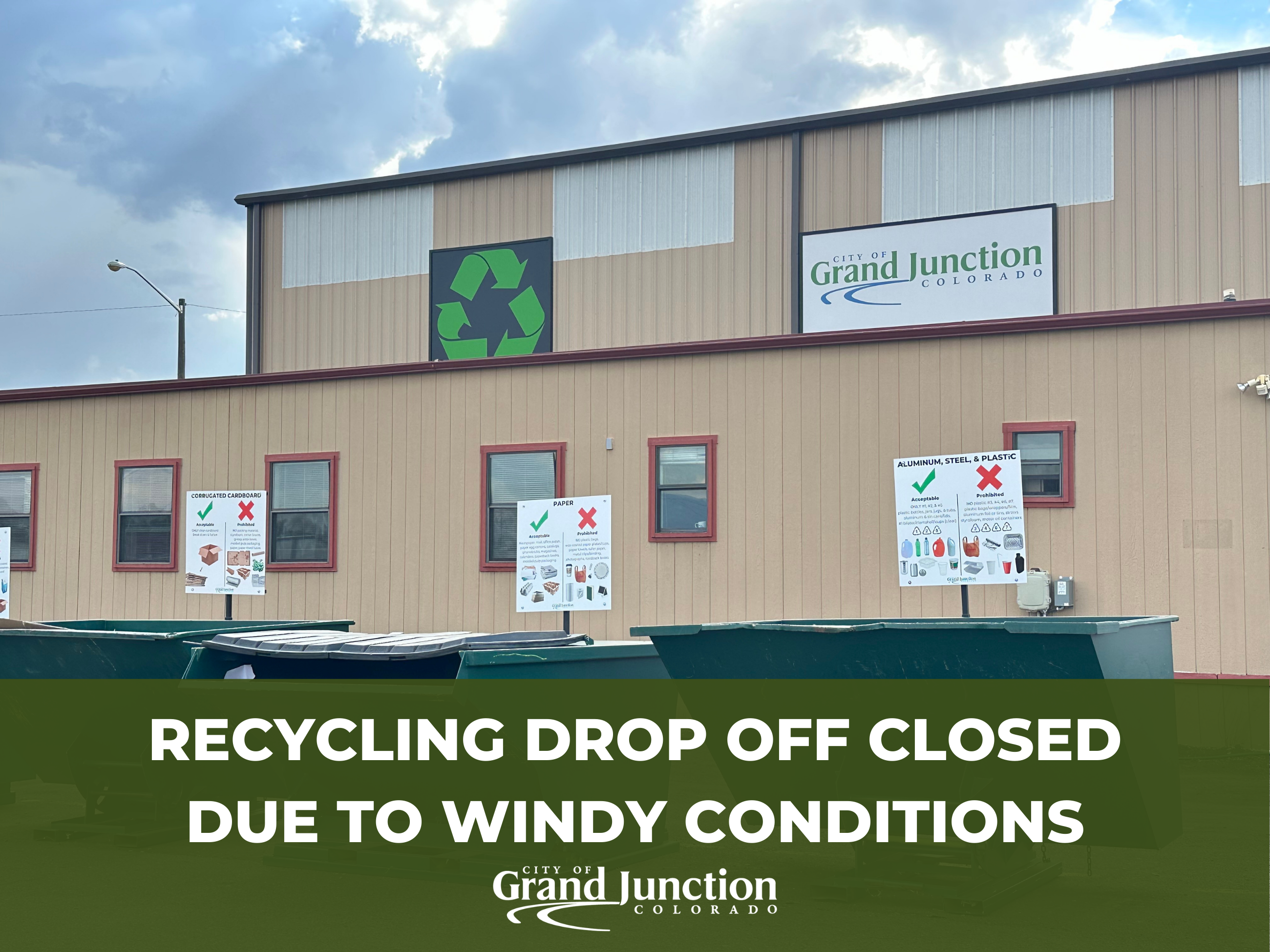 Recycling Drop off with text on graphic: Closed due to windy conditions. 