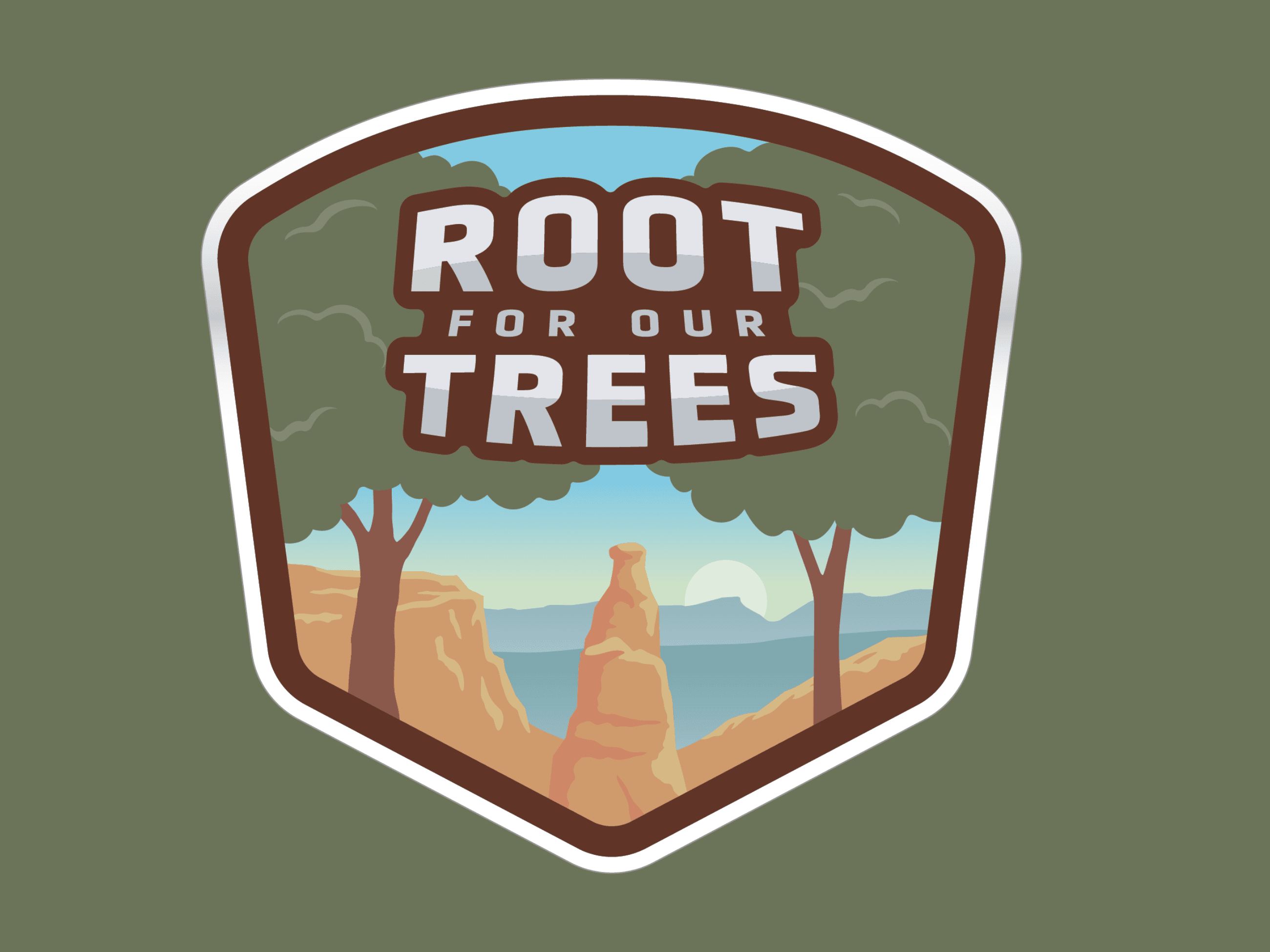 Root for our trees logo two trees in front of red independence monument